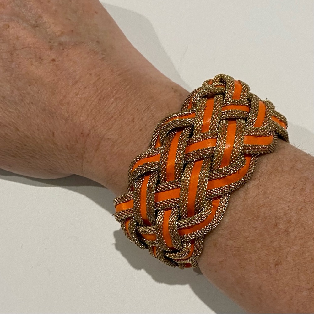 VINTAGE ✨ gold orange woven braided mesh bangle wide cuff bracelet